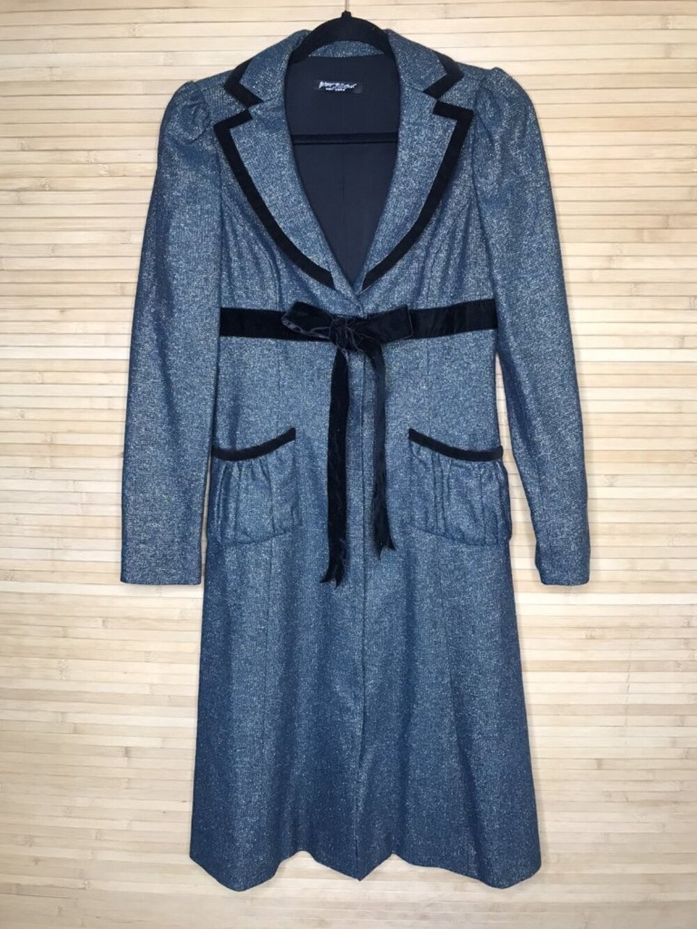 Vintage Betsey Johnson Metallic Jacket Shiny Green Black Velvet Trim Long Coat